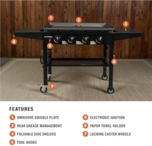 Cook up a culinary masterpiece with the Blackstone 1554 36" Omnivore Griddle, featuring powder coated steel and folding side shelves. Perfect for outdoor cooking enthusiasts. Save big on this griddle today!