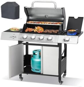 Here is the generated meta description:

"Upgrade your outdoor cooking experience with this 4-Burners Propane Gas Grill featuring a side burner and 50,000 BTU heat output. Perfect for patio use with wheels and cast iron grate. Save on your next purchase!"