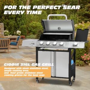 Here is the generated meta description:

"Upgrade your outdoor cooking experience with this 4-Burners Propane Gas Grill featuring a side burner and 50,000 BTU heat output. Perfect for patio use with wheels and cast iron grate. Save on your next purchase!"