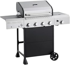Here is the generated SEO meta description:

"Upgrade your outdoor cooking experience with Amazon Basics' 4-burner gas grill featuring a side burner, perfect for any backyard or patio. Compact design and powerful 52,000 BTU performance."