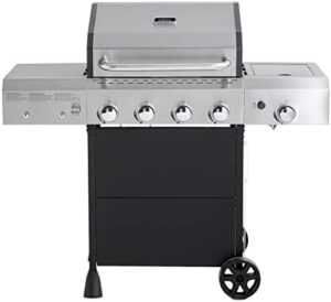 Here is the generated SEO meta description:

"Upgrade your outdoor cooking experience with Amazon Basics' 4-burner gas grill featuring a side burner, perfect for any backyard or patio. Compact design and powerful 52,000 BTU performance."