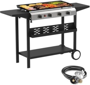 Here is the optimized SEO meta description:

"Upgrade your outdoor cooking experience with this SKOK 4 Burner Flat Top Gas Griddle featuring 40000 BTU propane fuel, side shelves and portable design for camping, BBQ or kitchen use - now with a special discount!"