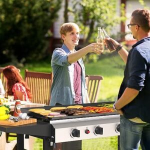 Here is the optimized SEO meta description:

"Upgrade your outdoor cooking experience with this SKOK 4 Burner Flat Top Gas Griddle featuring 40000 BTU propane fuel, side shelves and portable design for camping, BBQ or kitchen use - now with a special discount!"