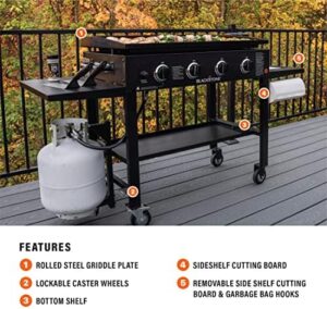 Here is the generated SEO meta description:

"Upgrade your outdoor cooking experience with this Blackstone 36" Cooking Station featuring 4 burners, propane fuelled and restaurant-grade quality. Includes built-in cutting board, garbage holder and side shelf for added convenience."