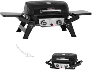 Savor outdoor cooking experiences with the Royal Gourmet GT2005 2-Burner Portable Propane Gas Grill featuring foldable side tables and legs, perfect for camping trips or backyard gatherings.