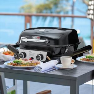 Savor outdoor cooking experiences with the Royal Gourmet GT2005 2-Burner Portable Propane Gas Grill featuring foldable side tables and legs, perfect for camping trips or backyard gatherings.