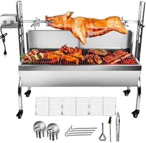 Perfect your outdoor kitchen with the Stainless Steel Rotisserie Grill featuring a 25W motor, back cover guard, and 48.7-inch BBQ charcoal roaster ideal for camping and small gatherings, perfect size for pig or lamb roasting.