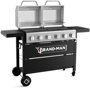 Savor backyard gatherings with the Brand-Man 6 Burner Propane Gas Grill, featuring double stainless steel lids and foldable side shelves for outdoor cooking convenience. Perfect for family BBQs and outdoor kitchen entertaining.