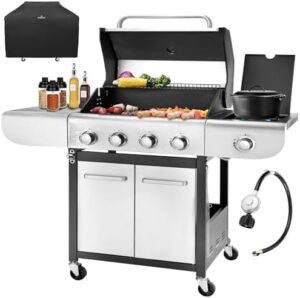 Discover the ultimate outdoor cooking experience with this 4-Burner Propane Gas BBQ Grill featuring a side burner and enameled cast iron grates. Perfect for patio garden barbecues, 53,000 BTU output.
