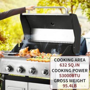 Discover the ultimate outdoor cooking experience with this 4-Burner Propane Gas BBQ Grill featuring a side burner and enameled cast iron grates. Perfect for patio garden barbecues, 53,000 BTU output.