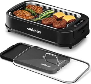 Indoor Grill by CUSIMAX: 1500W electric grill with smart display and tempered glass lid. Non-stick removable plates for effortless cooking and cleaning, perfect for indoor grilling experiences.