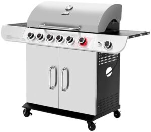 Unlock backyard cooking with the Royal Gourmet SG6002R 6-Burner Propane Grill, featuring a stainless steel cabinet and 71,000 BTU output for outdoor patio use. Perfect for picnics and backyard gatherings.
