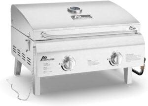"Savor the taste of outdoor dining with this portable stainless steel gas grill, featuring 2 burners, easy clean design, and foldable legs for camping or backyard use. Perfect for wind-proof cooking."