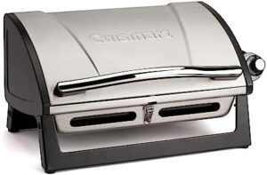 "Compact and portable stainless steel gas grill perfect for camping or backyard BBQs. 8000 BTU propane grill with locking lid for easy transport, dishwasher safe grate, and compact design."