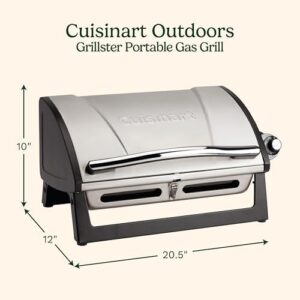 "Compact and portable stainless steel gas grill perfect for camping or backyard BBQs. 8000 BTU propane grill with locking lid for easy transport, dishwasher safe grate, and compact design."