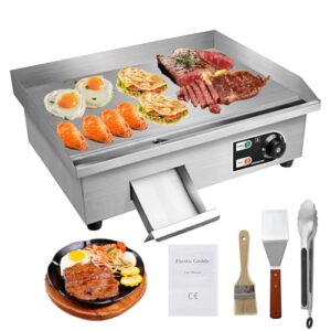 Boost your restaurant or home cooking with this 22" Electric Countertop Flat Top Griddle, featuring non-stick surface, stainless steel construction, and adjustable temperature control from 50~300°C. Perfect for teppanyaki grills and more!