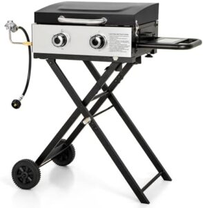 Here is the generated SEO meta description:

"Compact portable gas grill with foldable legs and wheels for outdoor BBQ, camping, or tailgating. 2 burners, 20,000 BTU, black, perfect for small gatherings."
