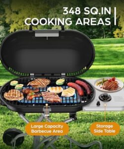 Here is the meta description:

"Upgrade your outdoor cooking with this Joy Pebble Portable Propane Gas Grill featuring 348 SQ Inch large cooking areas and quick-fold legs. Perfect for camping, tailgating or picnics. Get ready to sizzle!"