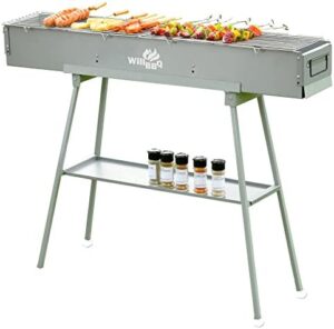 Here is the generated SEO meta description:

"Experience commercial-grade grilling on-the-go with this portable charcoal grill, suitable for multiple sizes and perfect for camping trips, backyard gatherings, or travel.