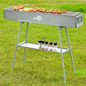 Here is the generated SEO meta description:

"Experience commercial-grade grilling on-the-go with this portable charcoal grill, suitable for multiple sizes and perfect for camping trips, backyard gatherings, or travel.