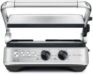Get the perfect sear with the Breville BGR700BSS Sear and Press Grill in brushed stainless steel. Compact design for effortless cooking, 4 cooking zones, and adjustable temperature control.