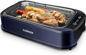 Indoor Grill CUSIMAX Electric Smokeless Grill with Turbo Smoke Extractor Technology and non-stick plate ideal for parties, featuring tempered glass lid and removable plate. Perfect BBQ experience without smoke.