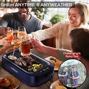 Indoor Grill CUSIMAX Electric Smokeless Grill with Turbo Smoke Extractor Technology and non-stick plate ideal for parties, featuring tempered glass lid and removable plate. Perfect BBQ experience without smoke.