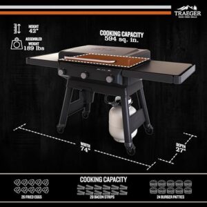 "Upgrade your outdoor cooking with the Traeger Grills Flatrock 33 Inch Flat Top Griddle, featuring TruZone cooking, even heat, and EZ-clean grease management. Perfect for propane grilling enthusiasts."