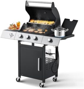 Here is the generated SEO meta description:

"Upgrade your outdoor cooking with the MELLCOM 3 Burner BBQ, featuring cast iron grates and a side stove. Perfect for patio, camping, or backyard gatherings."