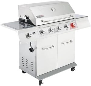 "Savor the flavor with Royal Gourmet's 5-Burner Propane Gas Grill, featuring a side burner and stainless steel construction. Perfect for backyard BBQs, this grill offers ample cooking space and durability."