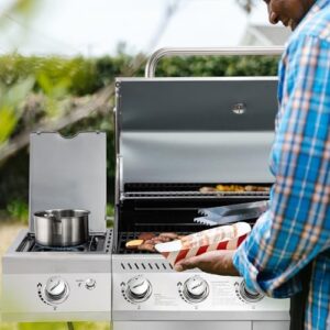 "Savor the flavor with Royal Gourmet's 5-Burner Propane Gas Grill, featuring a side burner and stainless steel construction. Perfect for backyard BBQs, this grill offers ample cooking space and durability."