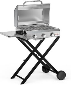 Discover the perfect portable grill for outdoor gatherings! Onlyfire's 3-Burner BBQ features a foldable cart and side table, ideal for camping, tailgating or backyard barbecues. Stainless steel construction for durability.