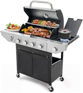 Here is the output:

"Master outdoor cooking with this 4-burner propane gas grill featuring a side burner. Boasts 48,500 BTU and stainless steel construction for durable use. Perfect for backyard barbecues, patio gatherings, and kitchen outdoor cooking."