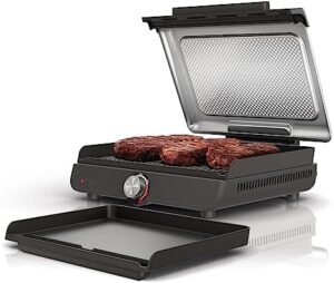 Cook up a storm with the Ninja Griddle and Indoor Grill, featuring 14'' even cooking space for steak, burgers, salmon, veggies, and more. Dishwasher safe nonstick design. Silver GR101 model.