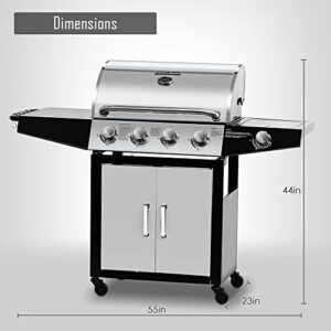 Master the art of outdoor cooking with this MASTER COOK Gas Grill, featuring a stainless steel cabinet and 4 burners. Plus, an additional side burner for versatile meals.