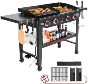 Here is the optimized meta description:

"Grill like a pro outdoors with Royal Gourmet's 4-burner propane gas grill and griddle combo, featuring foldable side tables and grilling gear set. Perfect for camping or tailgating!"