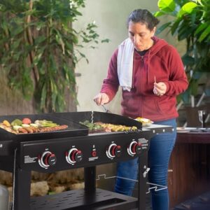 Here is the optimized meta description:

"Grill like a pro outdoors with Royal Gourmet's 4-burner propane gas grill and griddle combo, featuring foldable side tables and grilling gear set. Perfect for camping or tailgating!"