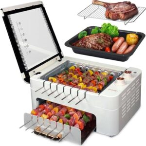 Master your indoor grilling experience with these 3-in-1 electric BBQ skewers featuring a rotating rotisserie, dual zone cooking, and removable lid. Perfect for effortless meals.