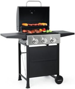 "Upgrade your outdoor cooking experience with the MASTER COOK 3 Burner BBQ Propane Gas Grill, featuring stainless steel construction and 30,000 BTU heat output. Includes two foldable shelves for added convenience."
