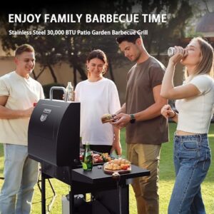 "Upgrade your outdoor cooking experience with the MASTER COOK 3 Burner BBQ Propane Gas Grill, featuring stainless steel construction and 30,000 BTU heat output. Includes two foldable shelves for added convenience."