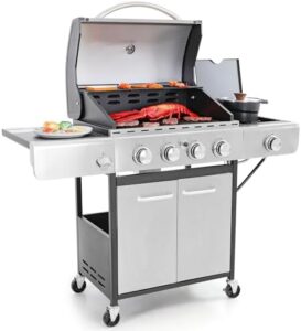 "Savor outdoor cooking with Captiva Designs' 4-Burner Propane Gas BBQ Grill featuring a side burner, porcelain-enamel cast iron grates and 42,000 BTU output for stainless steel grill perfection."