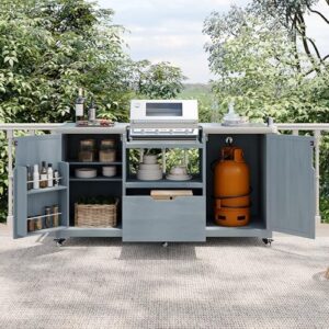 Here is the generated SEO meta description:

"Upgrade your outdoor cooking experience with this solid wood grill cart featuring a stainless steel top, drawer, and compatibility with Big Green Egg and Kamado Joe grills. Perfect for backyard gatherings!"