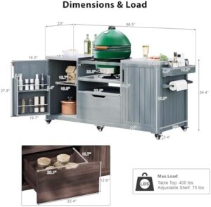 Here is the generated SEO meta description:

"Upgrade your outdoor cooking experience with this solid wood grill cart featuring a stainless steel top, drawer, and compatibility with Big Green Egg and Kamado Joe grills. Perfect for backyard gatherings!"