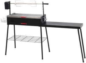 "Get ready to sizzle with the CDEN portable charcoal rotisserie grill, featuring detachable tables and stainless steel grills. Perfect for camping or picnics, this compact grill also includes a storage shelf."