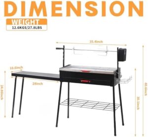 "Get ready to sizzle with the CDEN portable charcoal rotisserie grill, featuring detachable tables and stainless steel grills. Perfect for camping or picnics, this compact grill also includes a storage shelf."