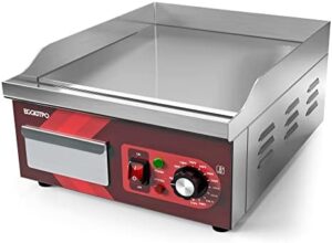 Here is the output:

"Upgrade your grilling experience with this 14-inch electric griddle featuring non-stick flat top, stainless steel construction and adjustable temperature control from 90°F to 575°F. Perfect for home or restaurant use, enjoy discounts on this commercial-grade kitchen appliance."