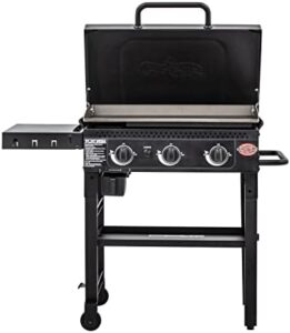 Cook up delicious meals on the Char-Griller Flat Iron Propane Gas Griddle with steel top, hinged lid, and wind guards. Perfect for 520 sq in of cooking space, ideal for camping or backyard gatherings.