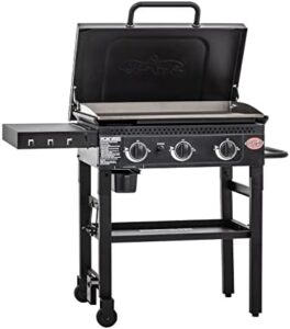 Cook up delicious meals on the Char-Griller Flat Iron Propane Gas Griddle with steel top, hinged lid, and wind guards. Perfect for 520 sq in of cooking space, ideal for camping or backyard gatherings.