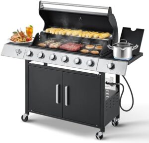 Boost your outdoor cooking experience with the MELLCOM Upgraded 6 Burner BBQ Propane Gas Grill featuring cast iron grates and side stove. Perfect for patios, camping, or backyard gatherings!