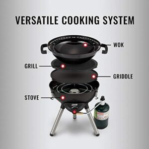 Cook up a camping adventure with the Coleman 4-in-1 Portable Propane Stove. Includes stove, wok, griddle & grill, featuring Instastart ignition and grease tray, perfect for camping, tailgating, and outdoor cooking.